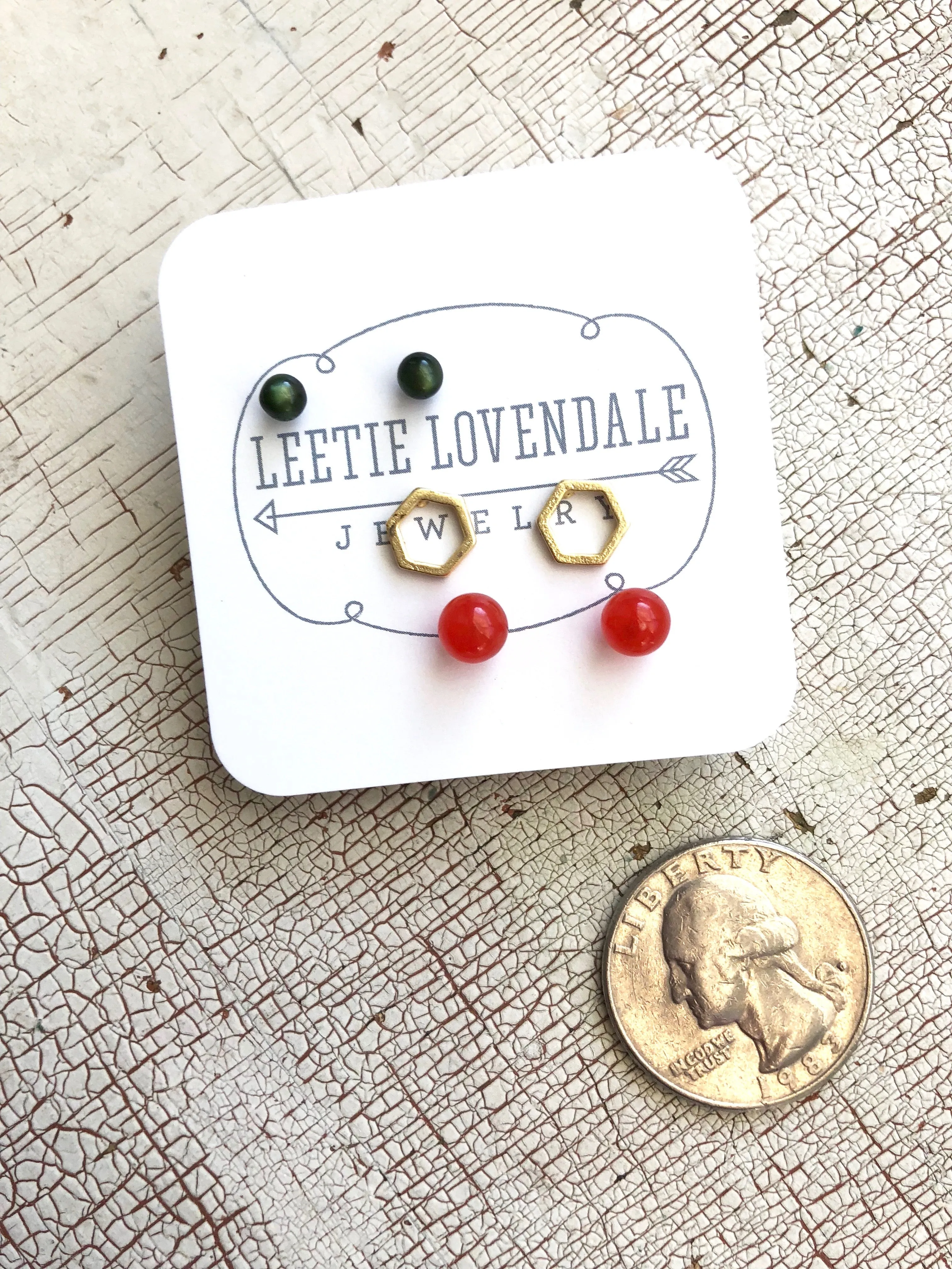 Tiny Forest Green Tomato Red & Frosted Gold Hexagon Geo Studs Earring Set