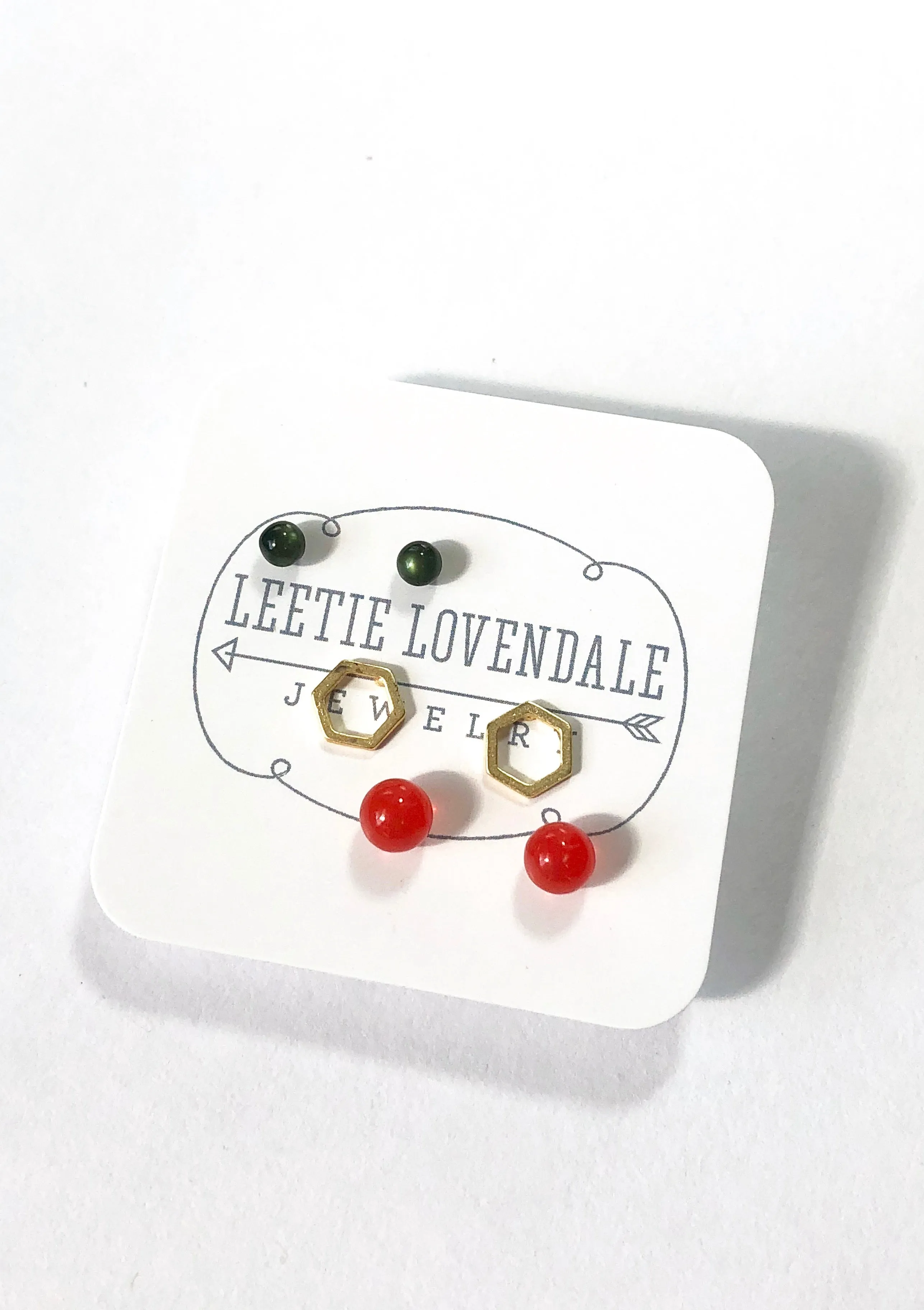 Tiny Forest Green Tomato Red & Frosted Gold Hexagon Geo Studs Earring Set