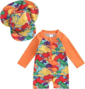 Toddler Infant Baby Boys Swimsuit Kids Rash Guard One Piece Newborn Zipper Bathing Suit Swimwear with Hat