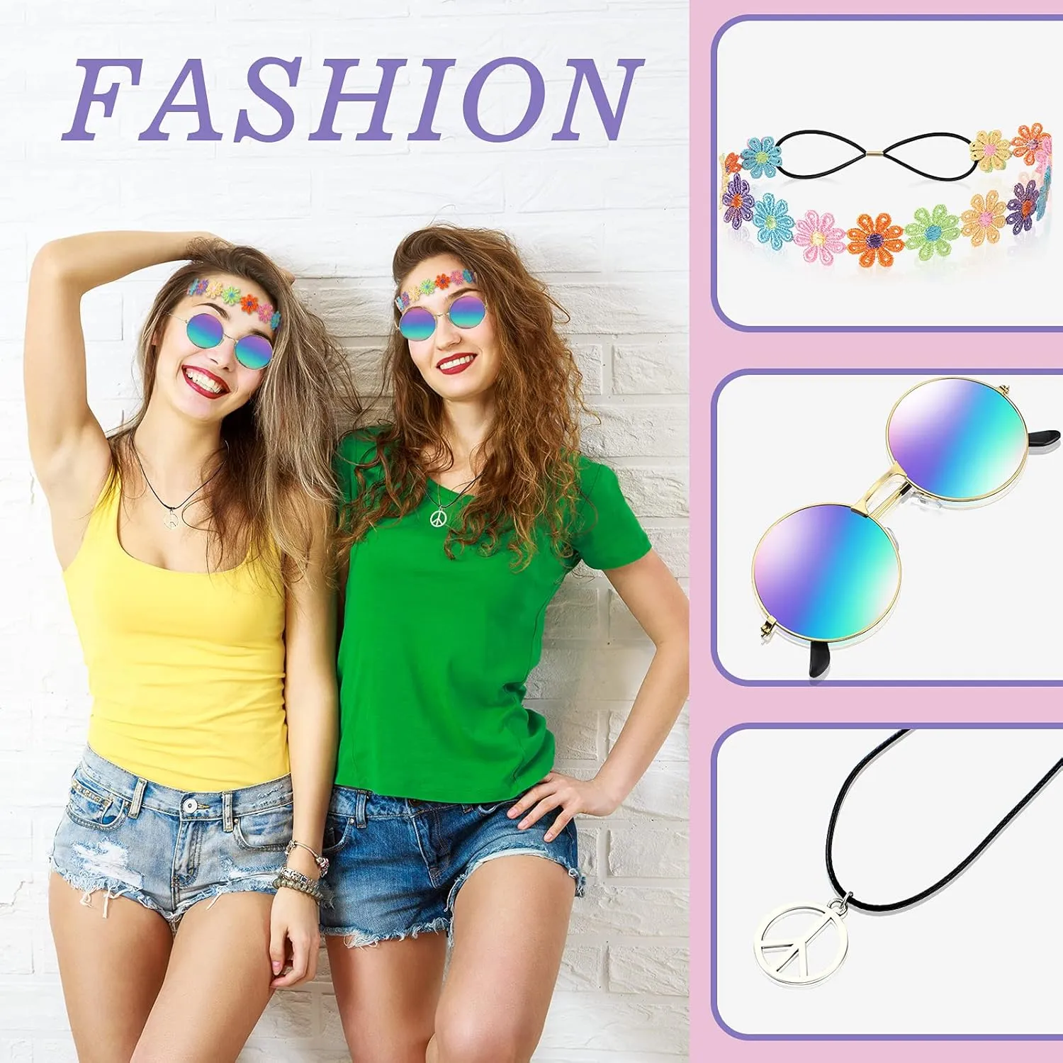 WILLBOND 60s 70s Accessories for Women Hippie Costume Accessories Peace Sign Necklace Headband Hair Wreath Sunglasses