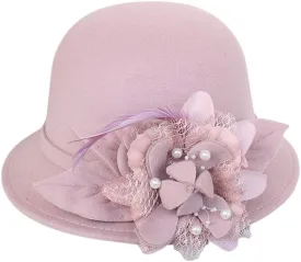 Winter Cloche Church Hat for Women Vintage Floral Hat 1920s 1950s Wool Bowler Hats for Ladies Church