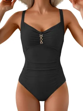 Women's One Piece Swimsuit Tummy Control Ruched Bathing Suit V Neck Slimming Swimwear Metal Ring Swim Suits