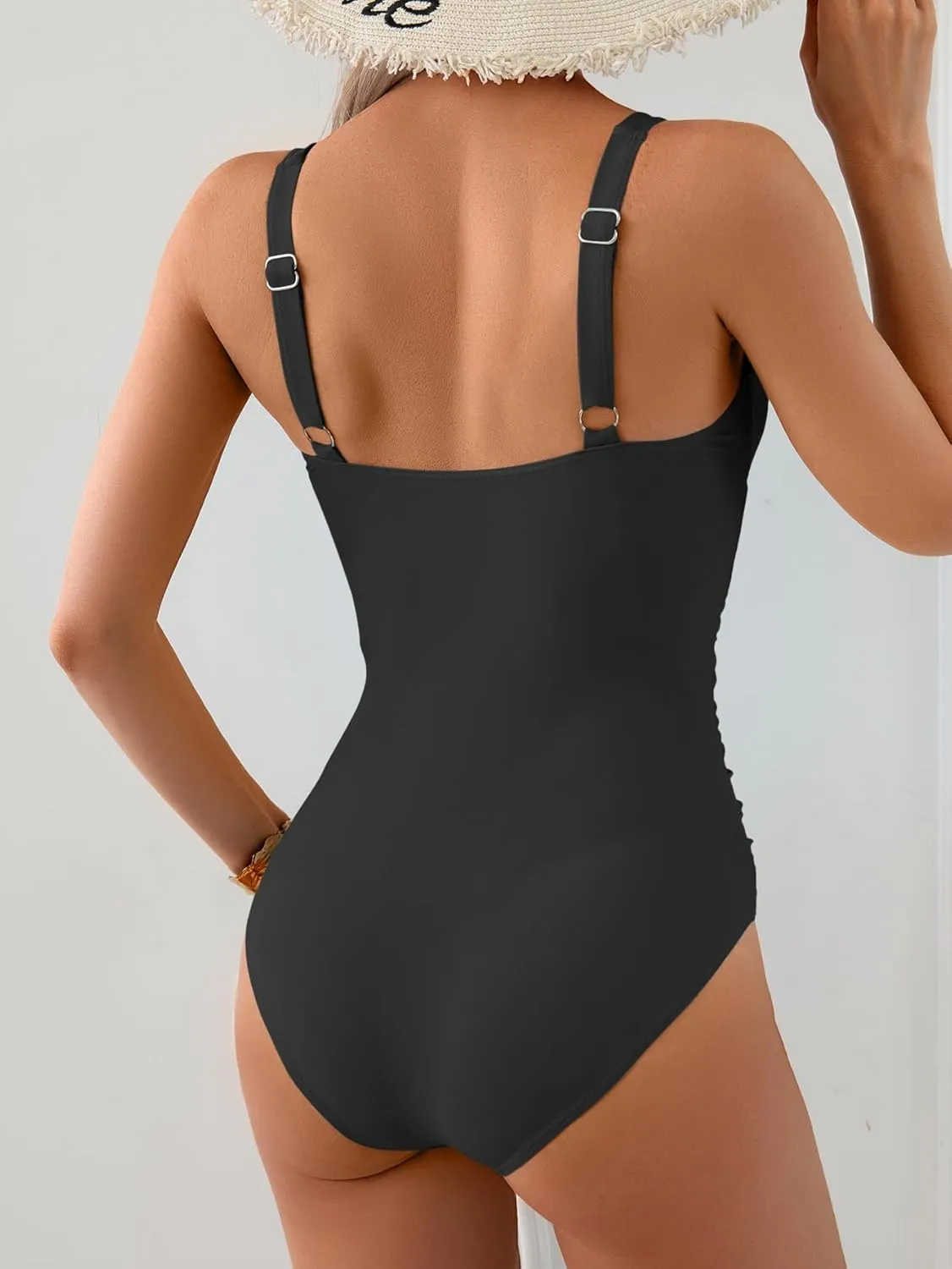 Women's One Piece Swimsuit Tummy Control Ruched Bathing Suit V Neck Slimming Swimwear Metal Ring Swim Suits