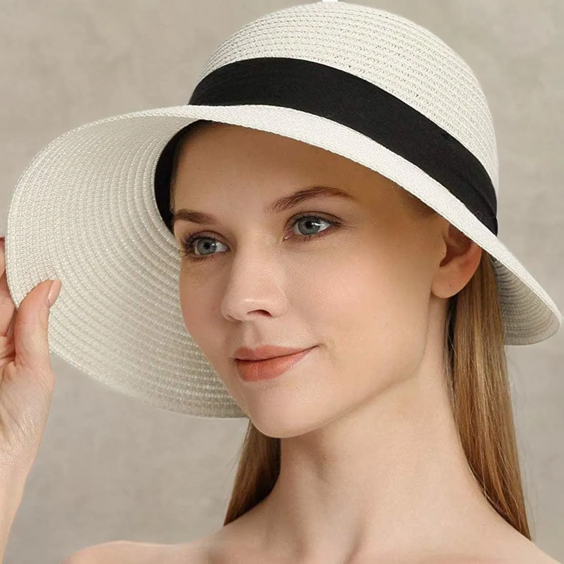 Women's Sun Hat Wide Brim Foldable Straw Hats Summer Travel Beach Cap