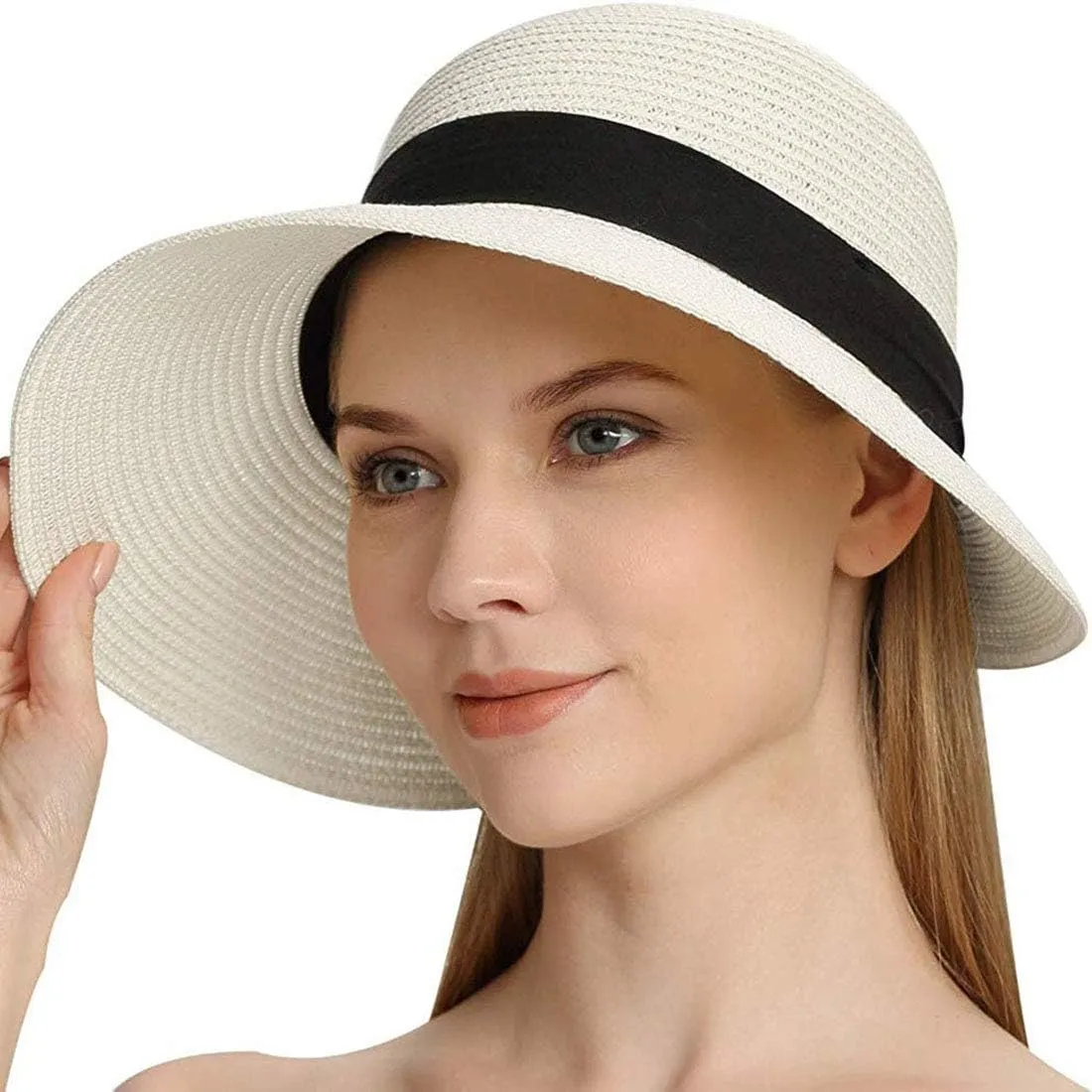 Women's Sun Hat Wide Brim Foldable Straw Hats Summer Travel Beach Cap